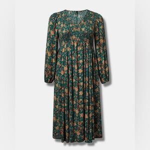 Torrid Midi Green Floral Washable Gauze Long Sleeve Dress 2X